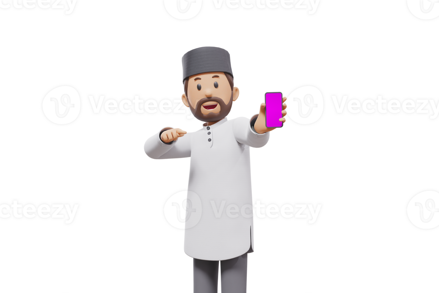 3d man holding a cellphone while interacting, expressing and smiling at the camera with a transparent background png