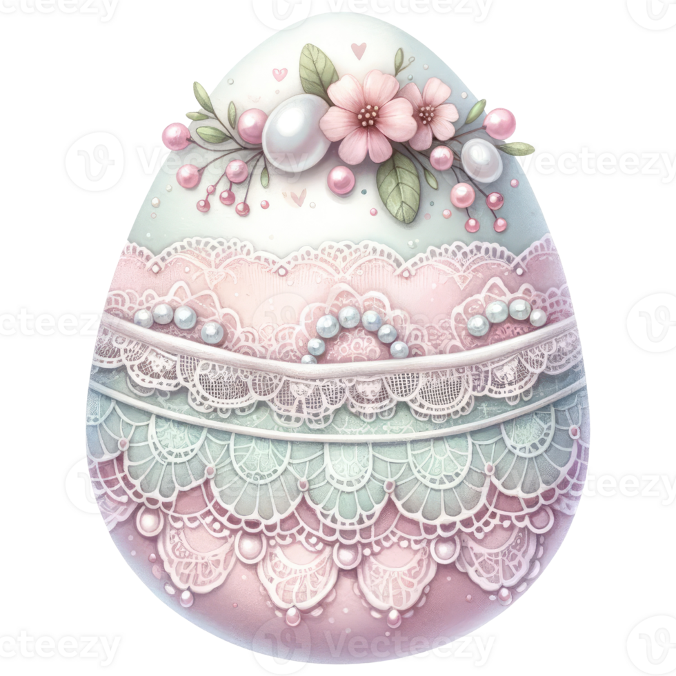 AI generated Easter egg adorned with lace and pearls in pink and mint green color png