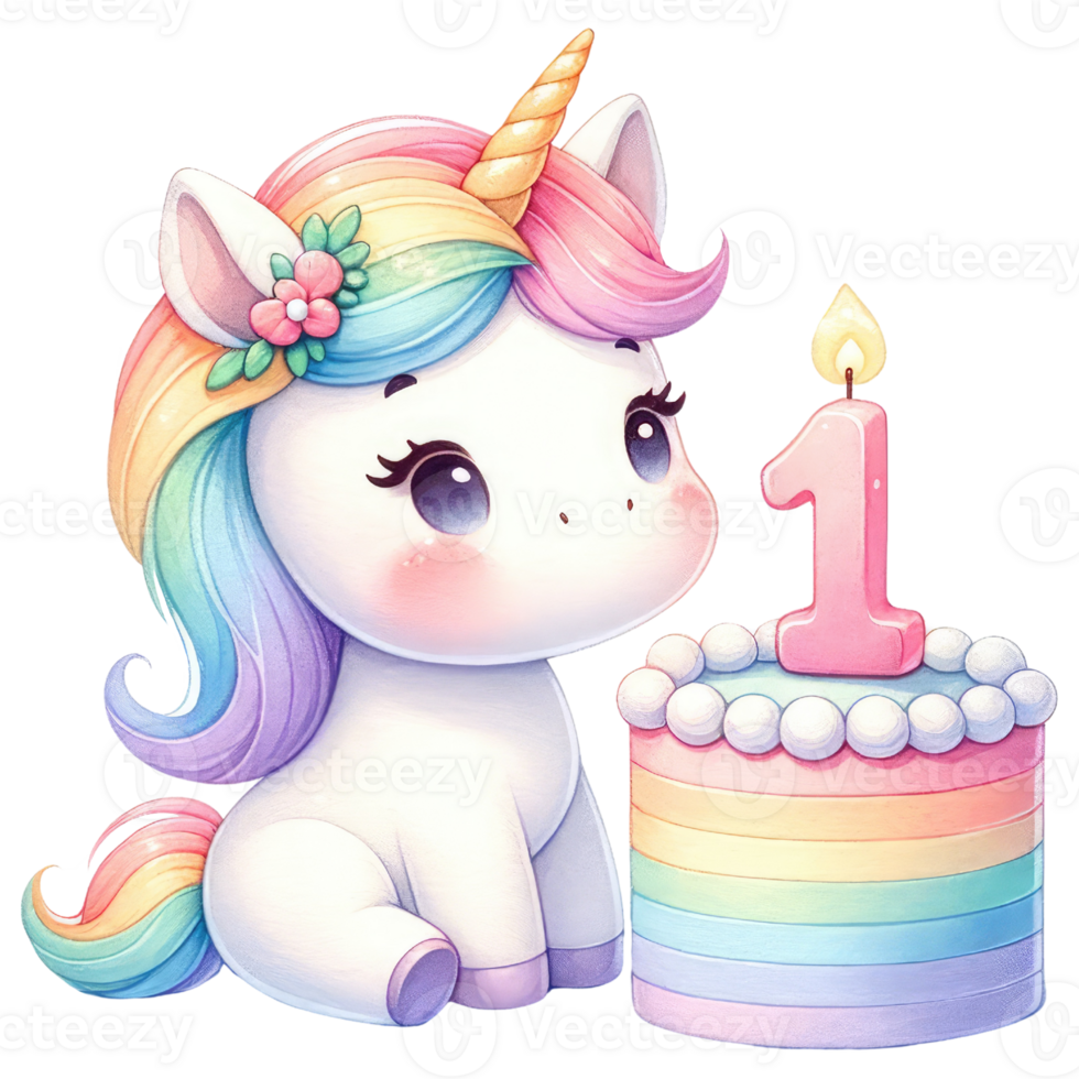 AI generated Rainbow unicorn cake with numbered candle for birthday party png