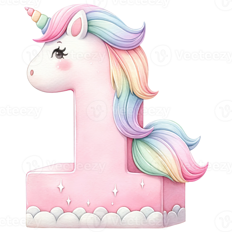 AI generated Pink and rainbow unicorn cake number shape png
