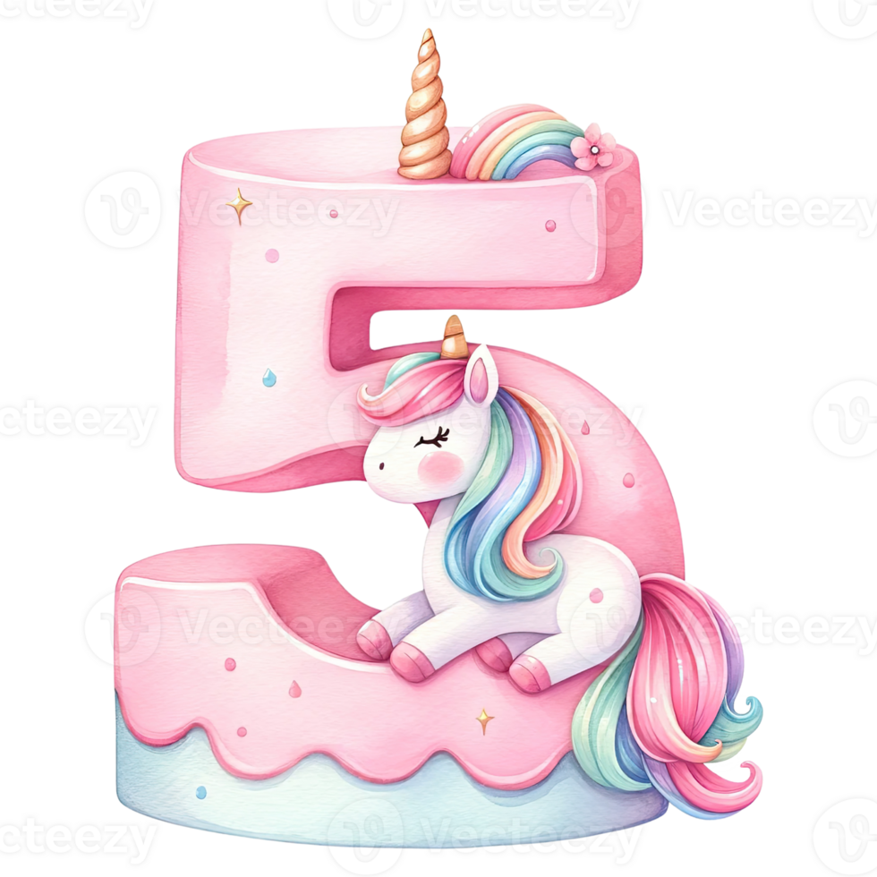 AI generated Pink and rainbow unicorn cake number shape png