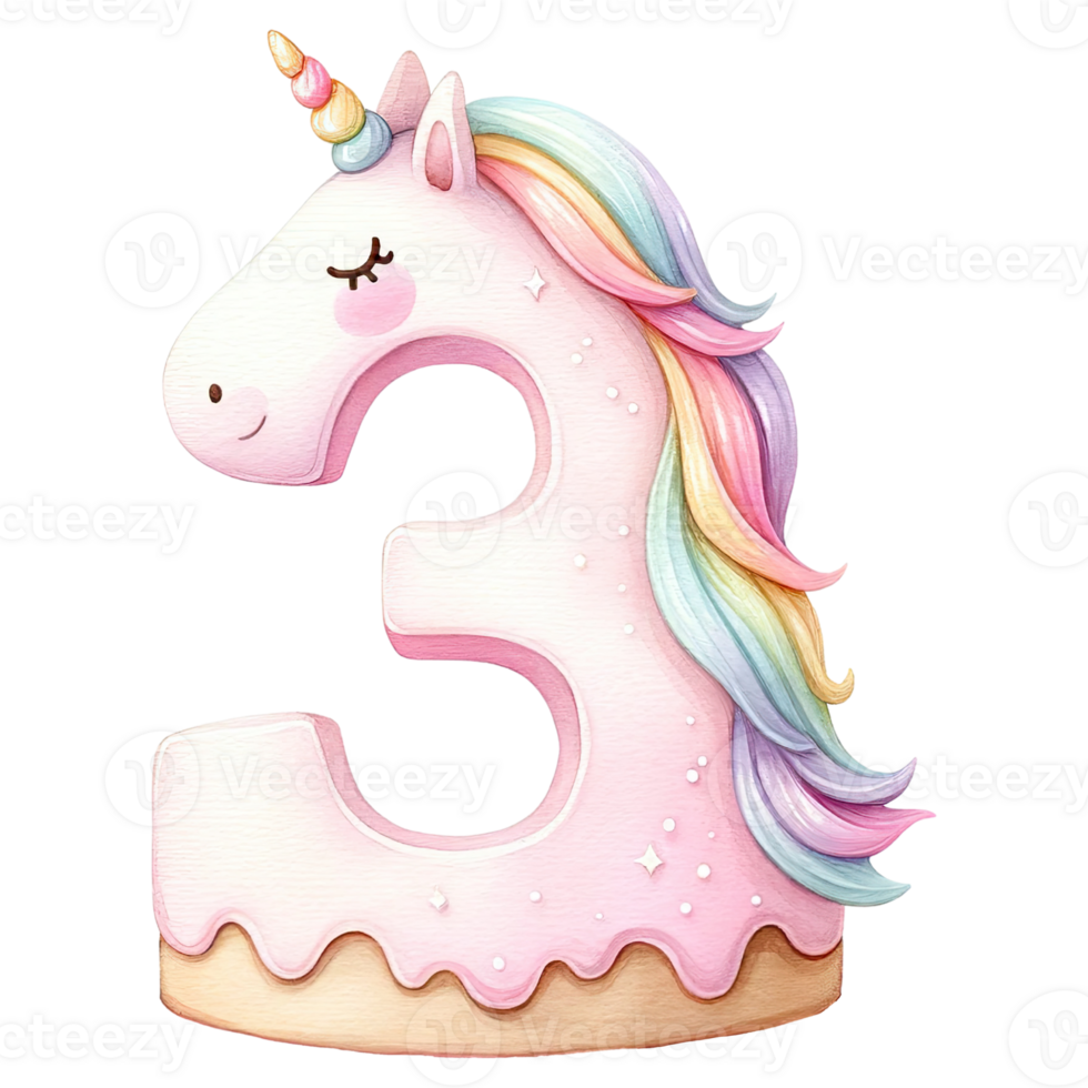 AI generated Pink and rainbow unicorn cake number shape png