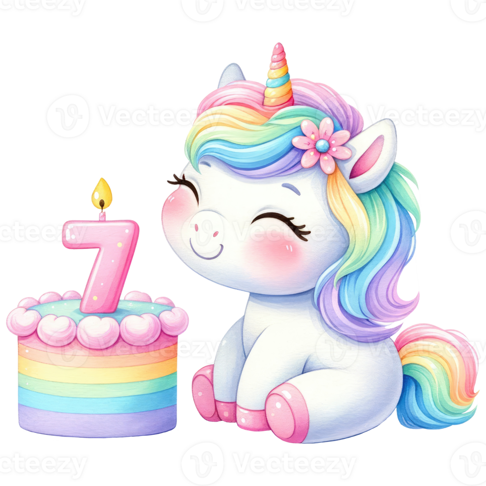AI generated Rainbow unicorn cake with numbered candle for birthday