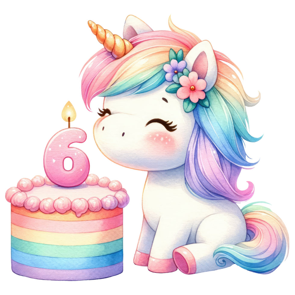 AI generated Rainbow unicorn cake with numbered candle for birthday party png