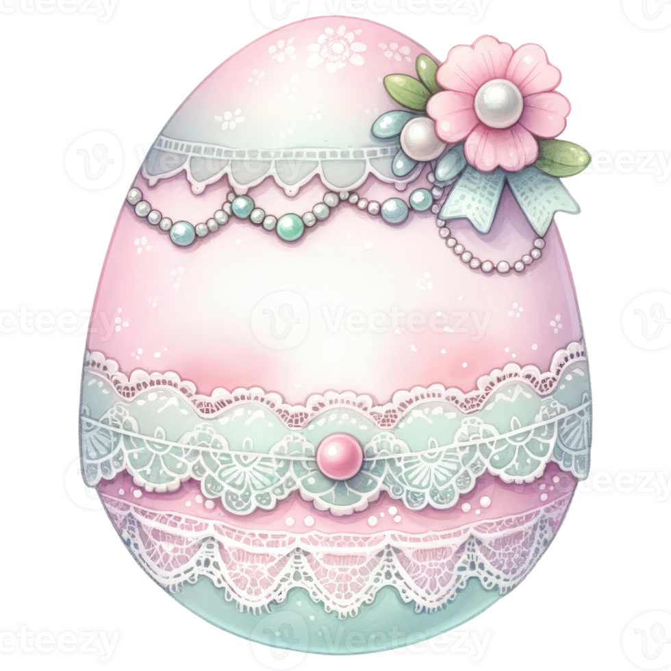ai generiert Ostern Ei geschmückt mit Spitze und Perlen im Rosa und Minze Grün Farbe png