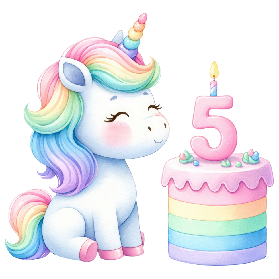 ai generato arcobaleno unicorno torta con numerato candela per compleanno festa png