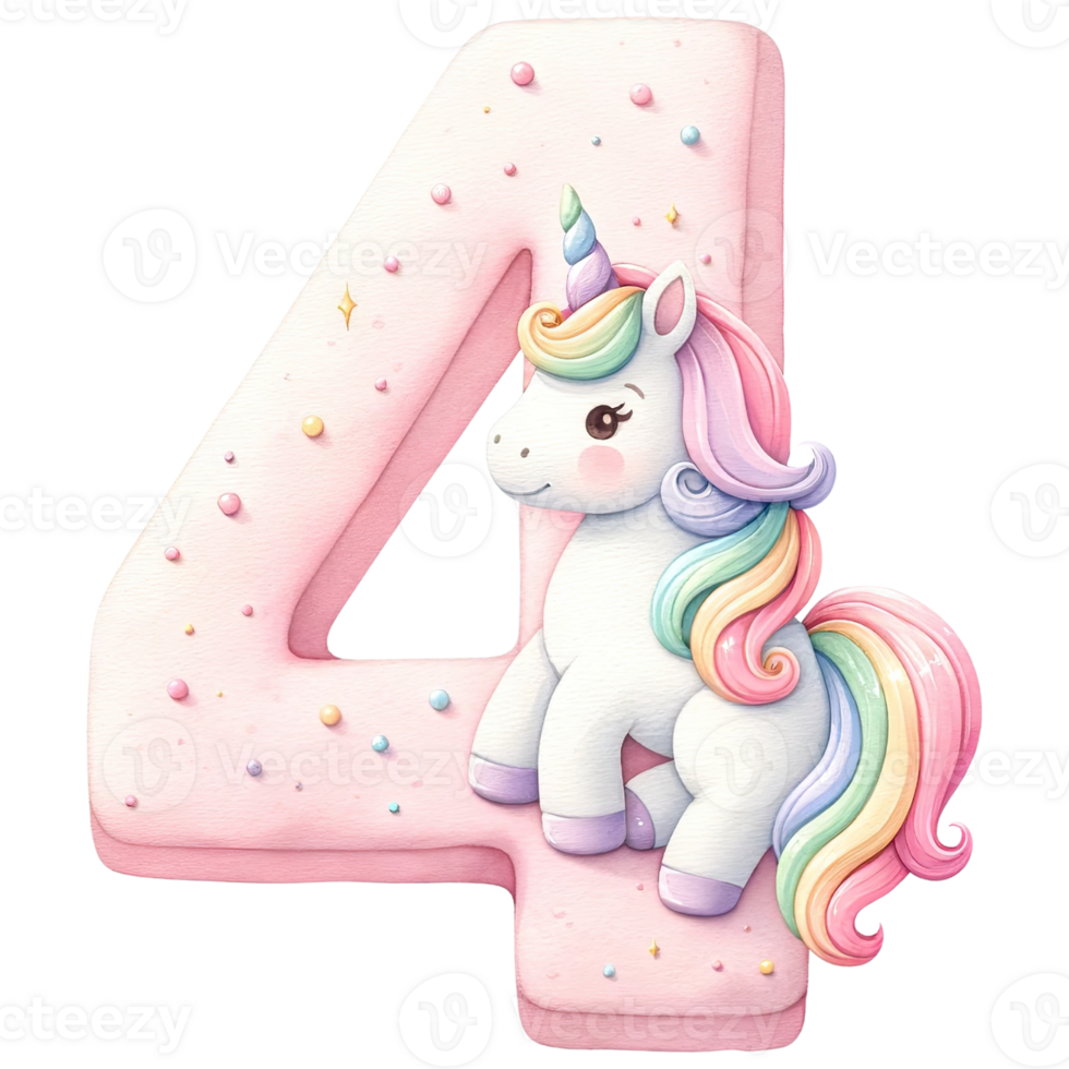 AI generated Pink and rainbow unicorn cake number shape png