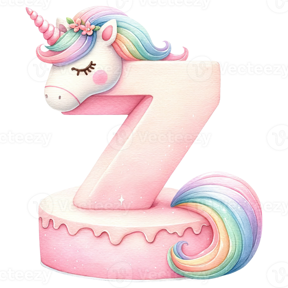 AI generated Pink and rainbow unicorn cake number shape png