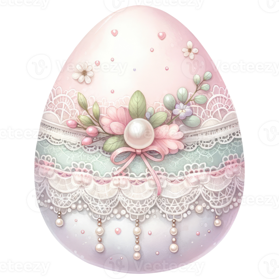 ai generiert Ostern Ei geschmückt mit Spitze und Perlen im Rosa und Minze Grün Farbe png