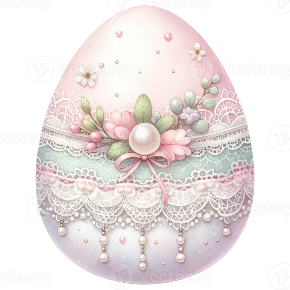 AI generated Easter egg adorned with lace and pearls in pink and mint green color png