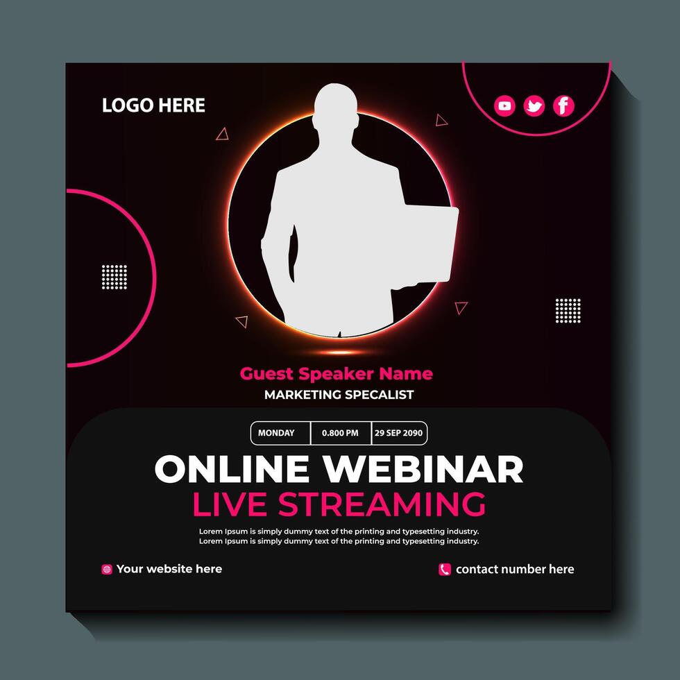 live webinar conference poster design with neon light effects. social media poster template modern online marketing promotion banner with abstract background business webinar invitation design. vector
