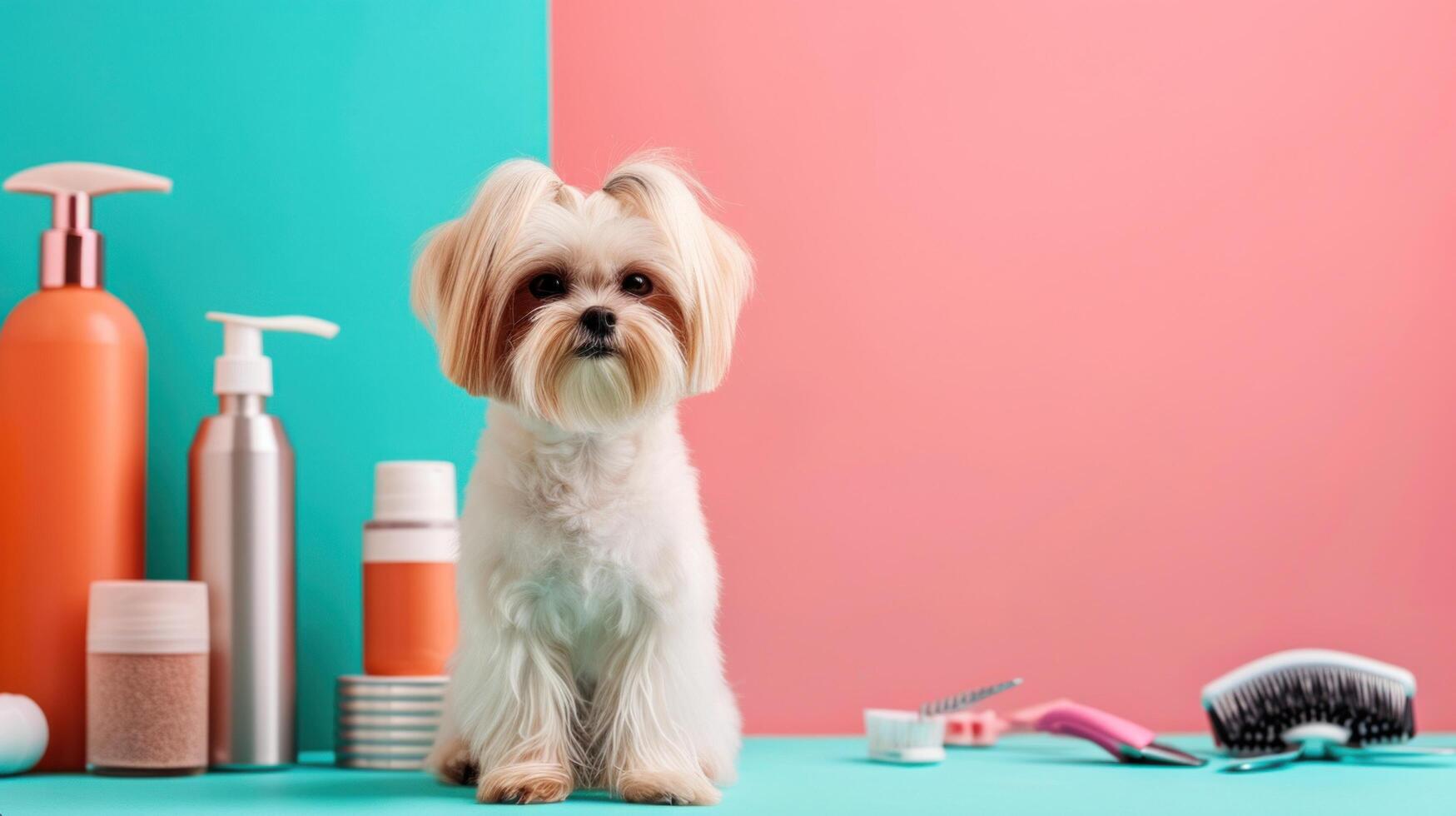 AI generated Pets grooming advertisment background with copy space photo