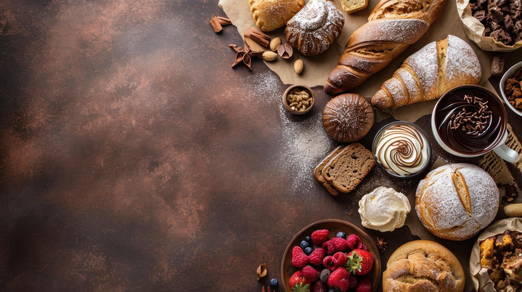 AI generated sweet bakery advertisment background with copy space photo
