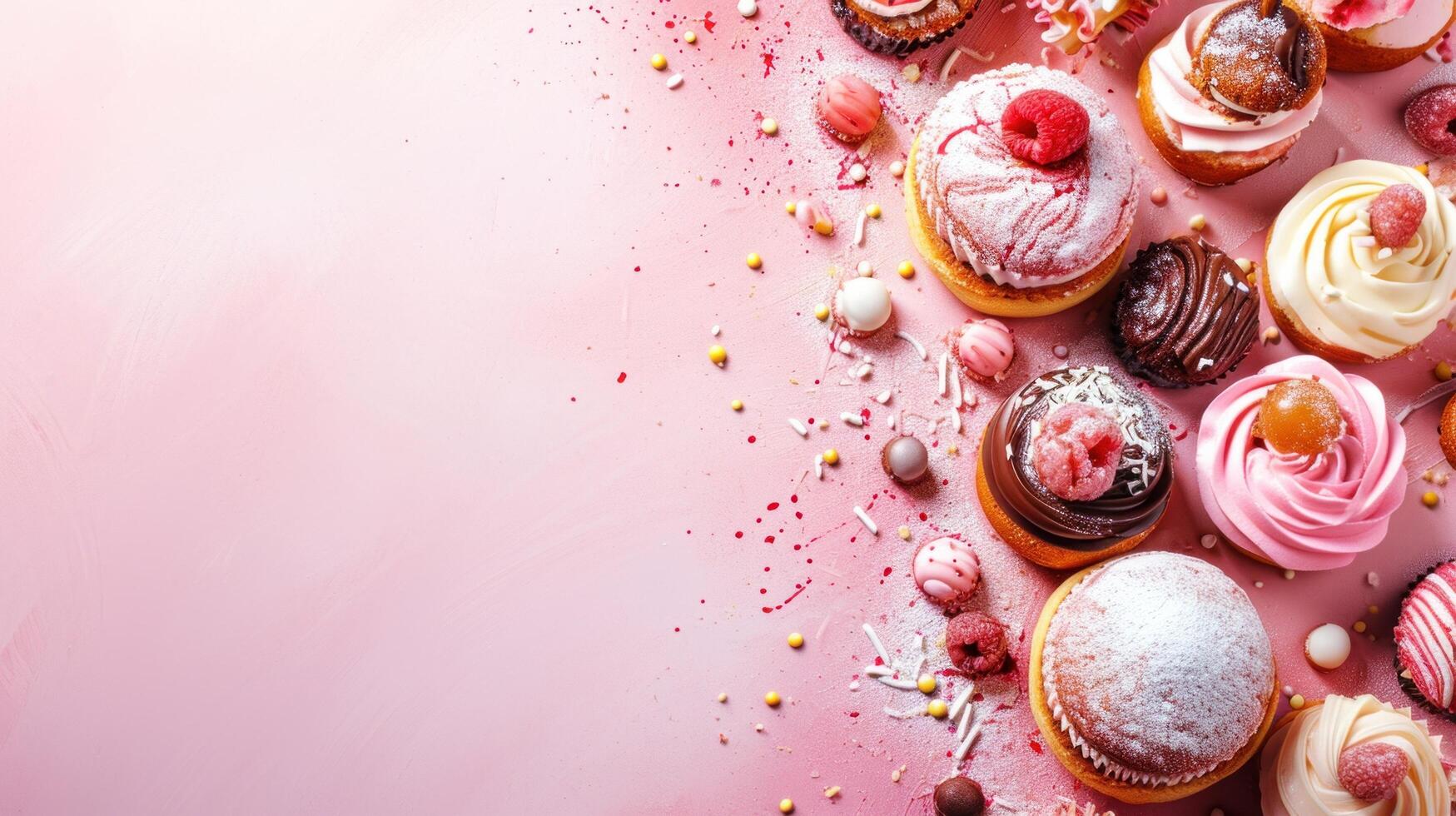 AI generated sweet bakery advertisment background with copy space photo