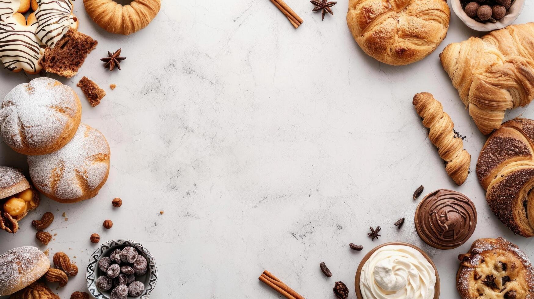 AI generated sweet bakery advertisment background with copy space photo