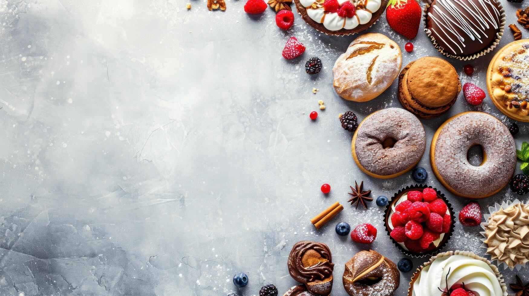 AI generated sweet bakery advertisment background with copy space photo