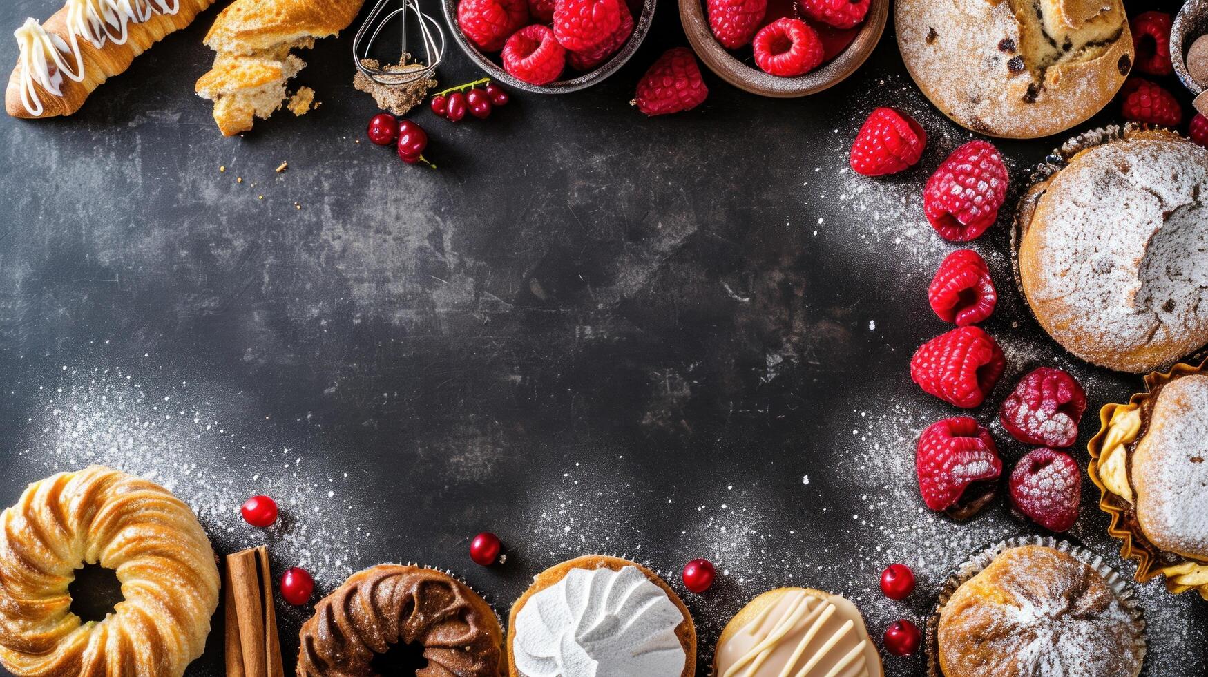 AI generated sweet bakery advertisment background with copy space photo