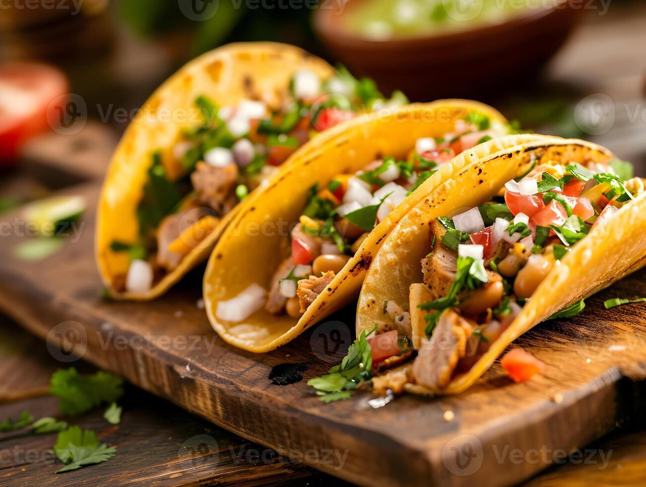 AI generated Several Tacos lying one by one isolated on a white background. Cinematic food photo of traditional Mexican street food. High-resolution. AI Generative