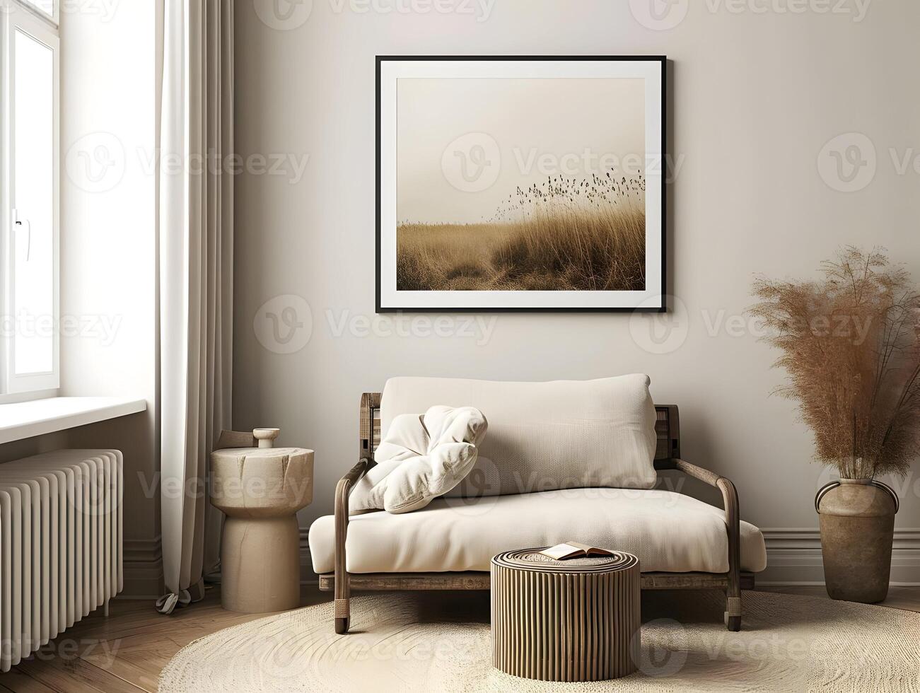 AI generated Steppe modern wall print in the style of soft edges in a cozy interior of brown and white colors. High quality. AI Generative photo