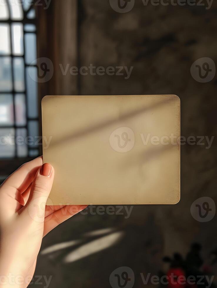AI generated Empty vintage postcard in a woman's hand in the center of the city. Mock up of a horizontal postcard. High quality. AI Generative photo