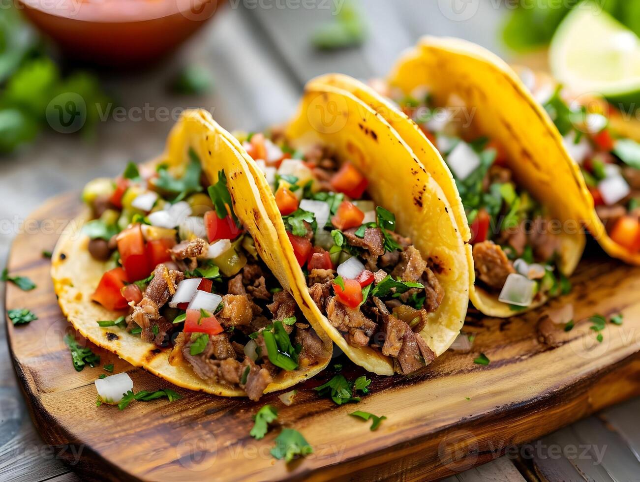 AI generated Several Tacos lying one by one isolated on a white background. Cinematic food photo of traditional Mexican street food. High-resolution. AI Generative