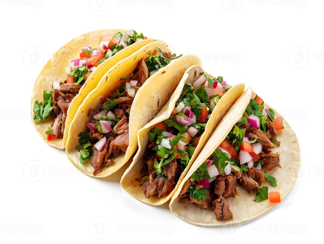 AI generated Several Tacos lying one by one isolated on a white background. Traditional Mexican street food. High-resolution. AI Generative photo