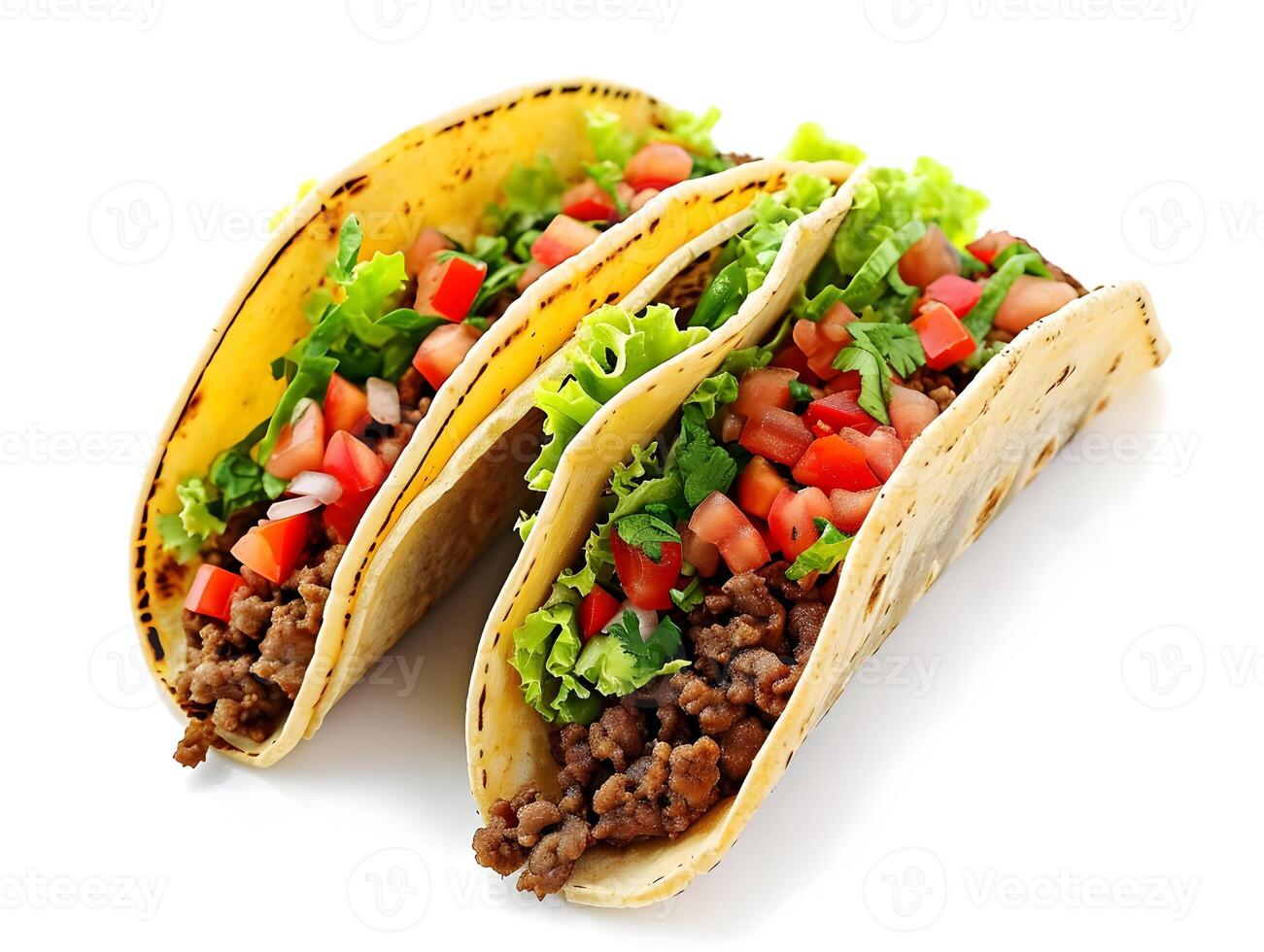 AI generated Two Tacos lying one by one isolated on a white background. Traditional Mexican street food. High-resolution. AI Generative photo