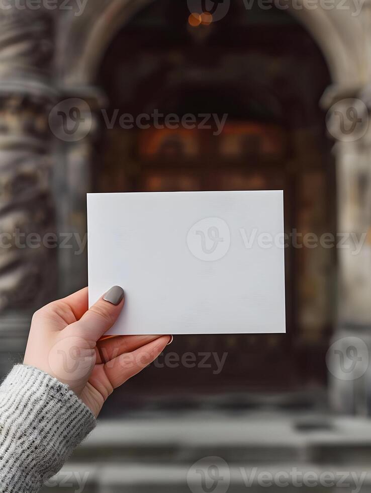 ai generado vacío tarjeta postal en un mujer mano en el centrar de el ciudad. blanco burlarse de arriba de un horizontal tarjeta postal. alto calidad. ai generativo foto