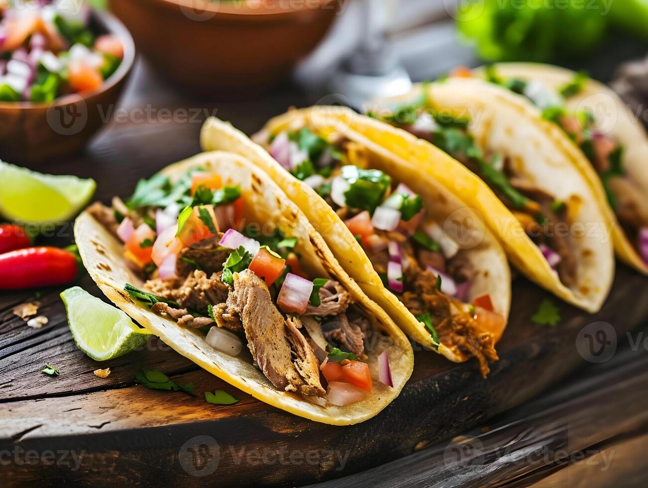 AI generated Several Tacos lying one by one isolated on a white background. Cinematic food photo of traditional Mexican street food. High-resolution. AI Generative