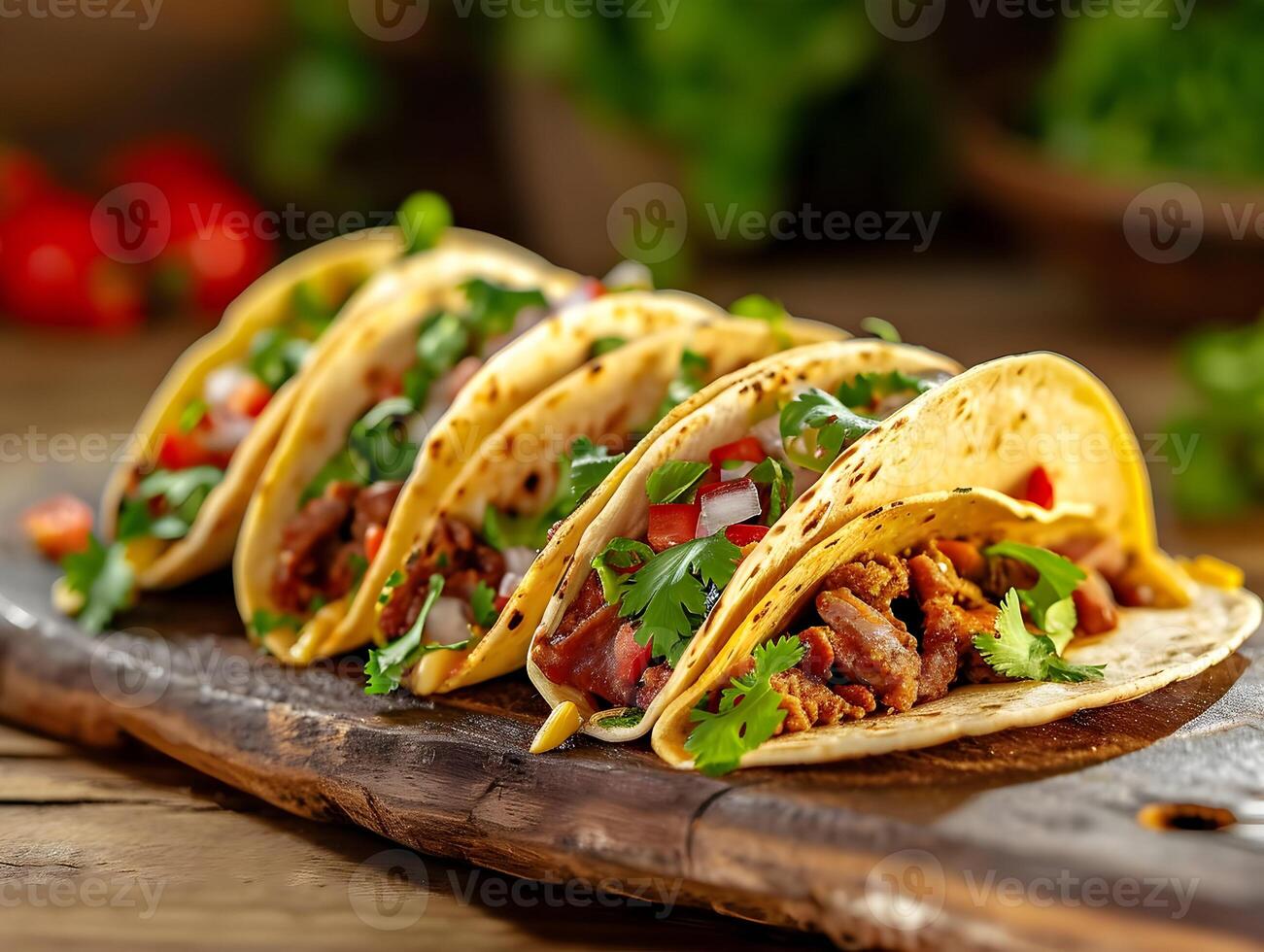 AI generated Several Tacos lying one by one isolated on a white background. Cinematic food photo of traditional Mexican street food. High-resolution. AI Generative