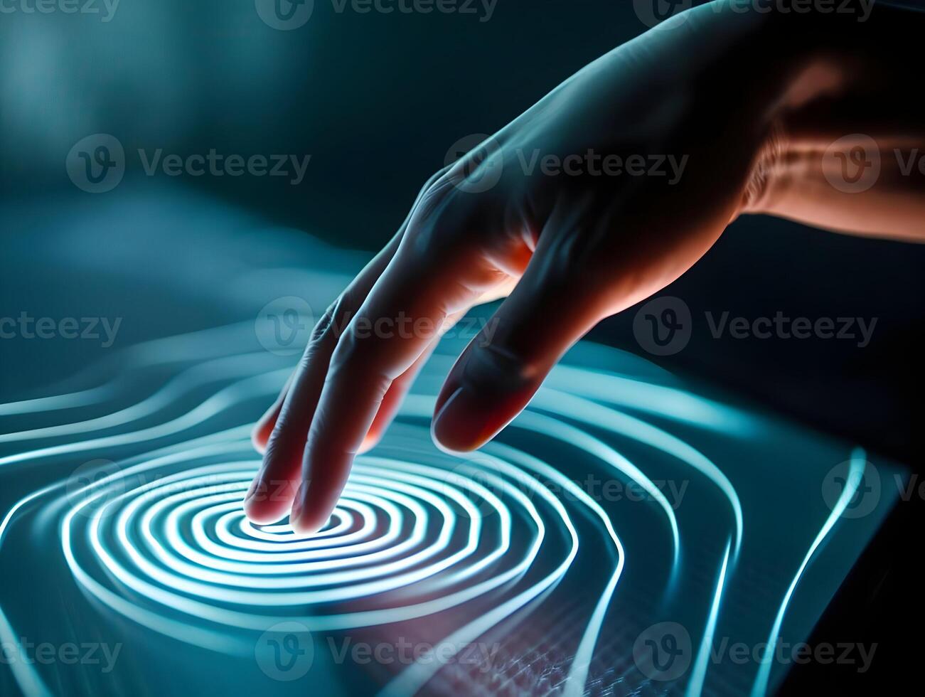 AI generated Modern technology screen computer. Hand touching the ai display with abstract waves. Blue color palette. High quality. AI Generative photo