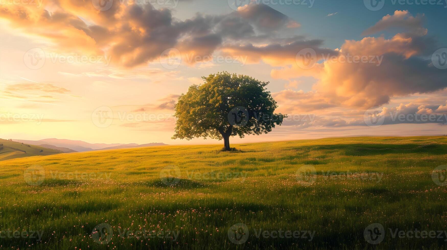 AI generated One tree on a wide grass plain with a blue-pink sky. A beautiful landscape sunset. High-resolution. AI Generative photo