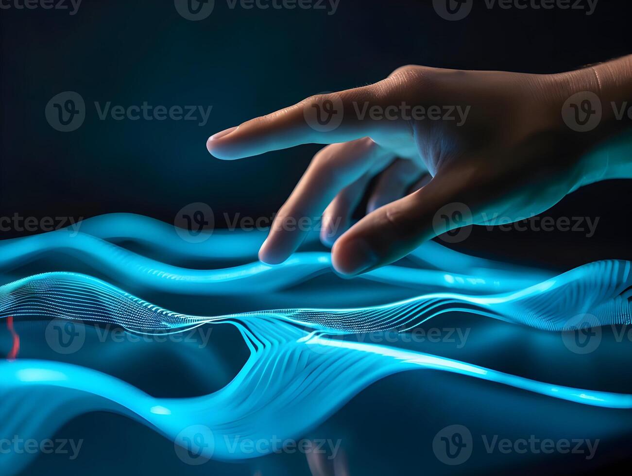 AI generated Modern technology screen computer. Hand touching the hologram display. Blue color palette. High quality. AI Generative photo