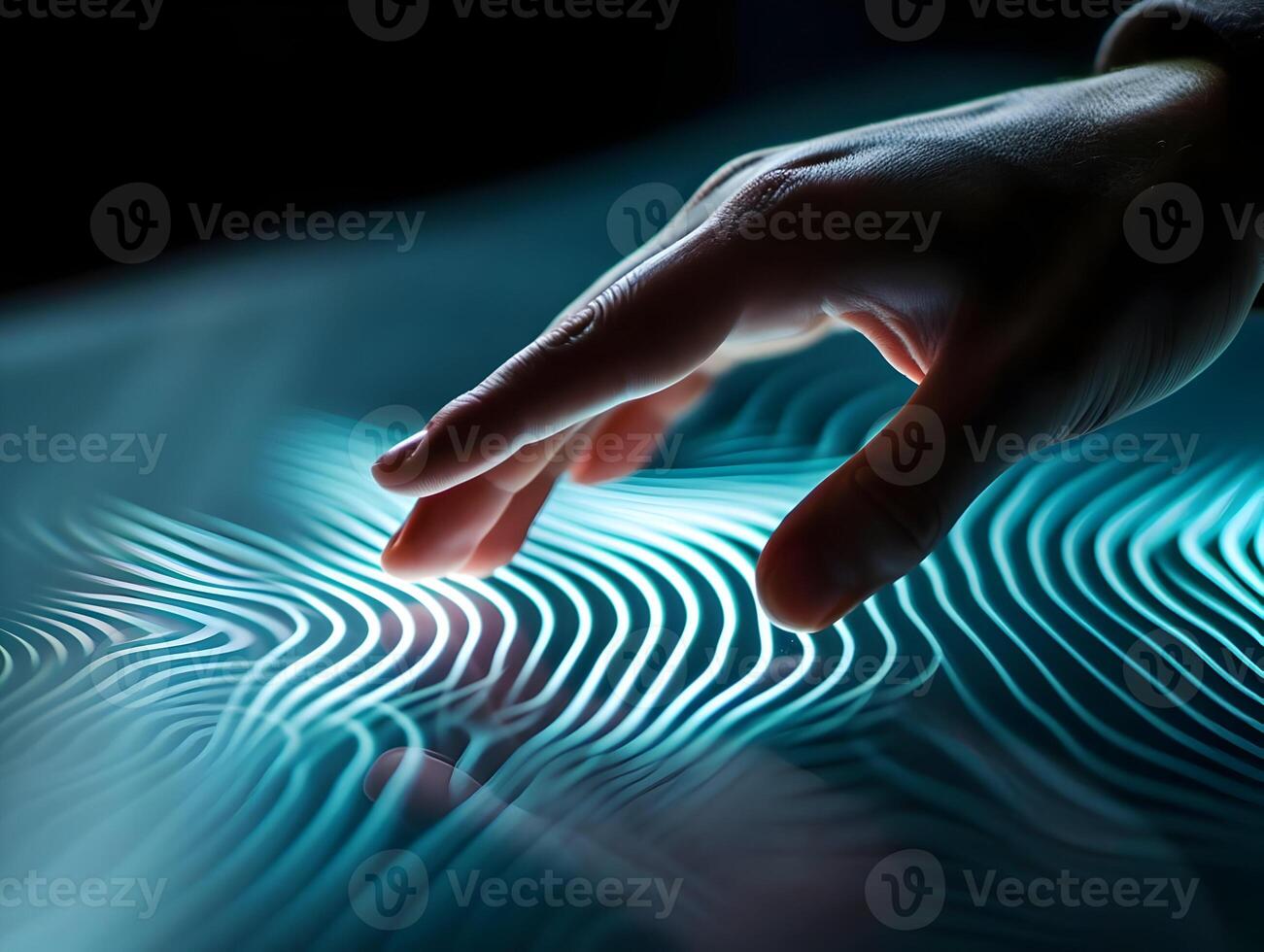 AI generated Modern technology screen computer. Hand touching the ai display with abstract waves. Blue color palette. High quality. AI Generative photo