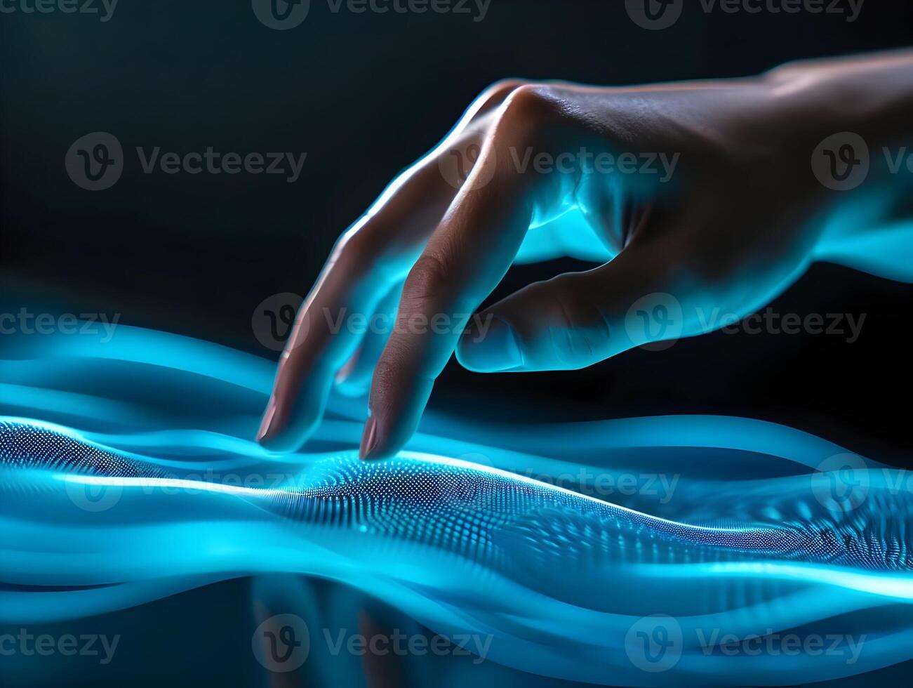AI generated Modern technology screen computer. Hand touching the ai display. Blue color palette. High quality. AI Generative photo
