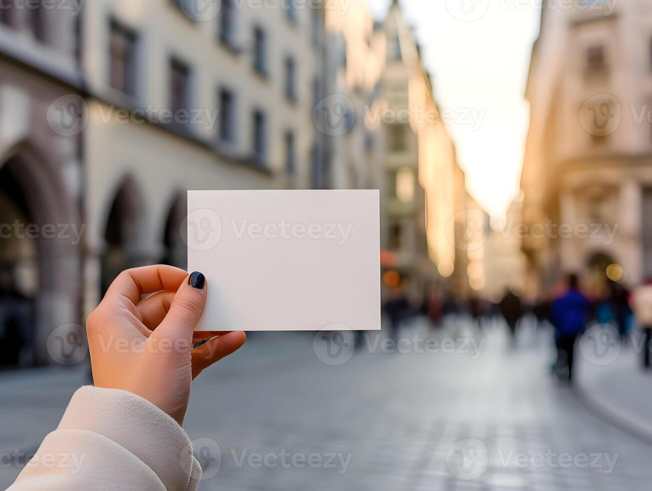 ai generado vacío tarjeta postal en un mujer mano en el centrar de el ciudad. burlarse de arriba de un tarjeta postal. alto calidad. ai generativo foto