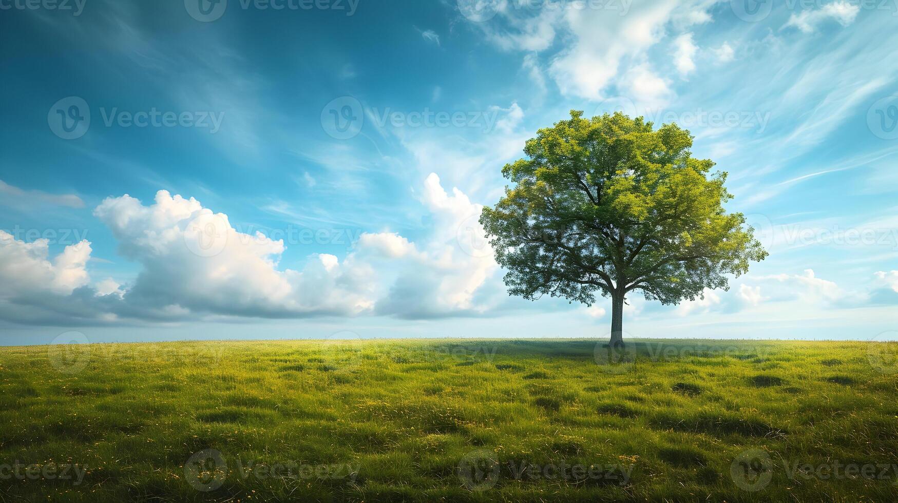 AI generated One tree on a wide grass plain with a blue light sky. A beautiful landscape bright sunny day. High-resolution. AI Generative photo