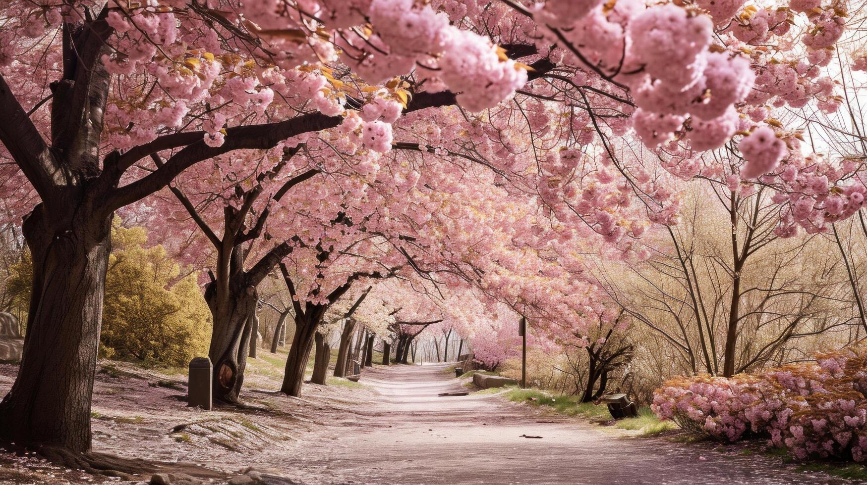 AI generated peaceful stroll beneath a canopy of blooming cherry blossoms photo