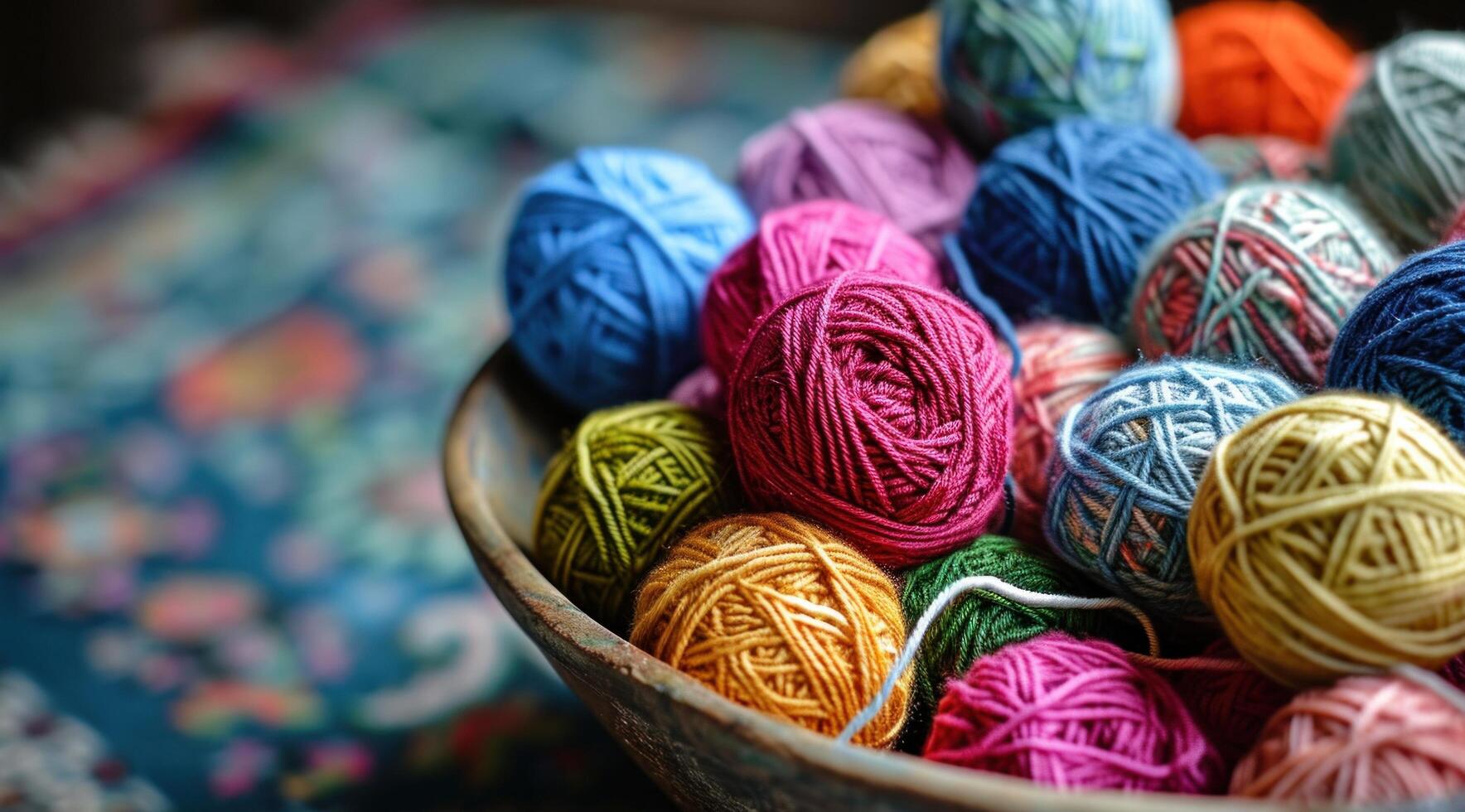 AI generated a bowl full of colorful balls of yarn photo