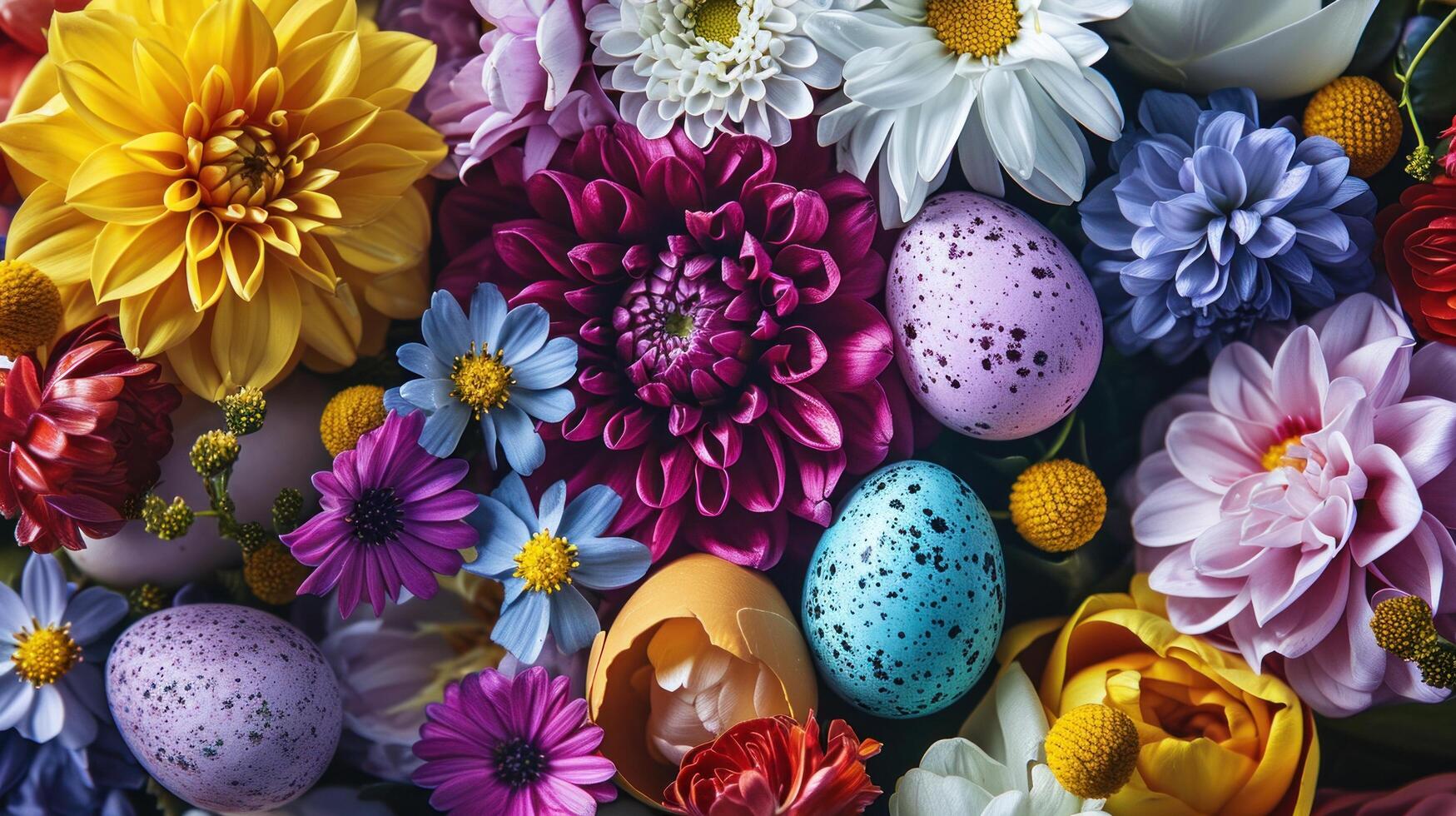 AI generated Easter with an explosion of blooming flowers complemented by Easter eggs photo