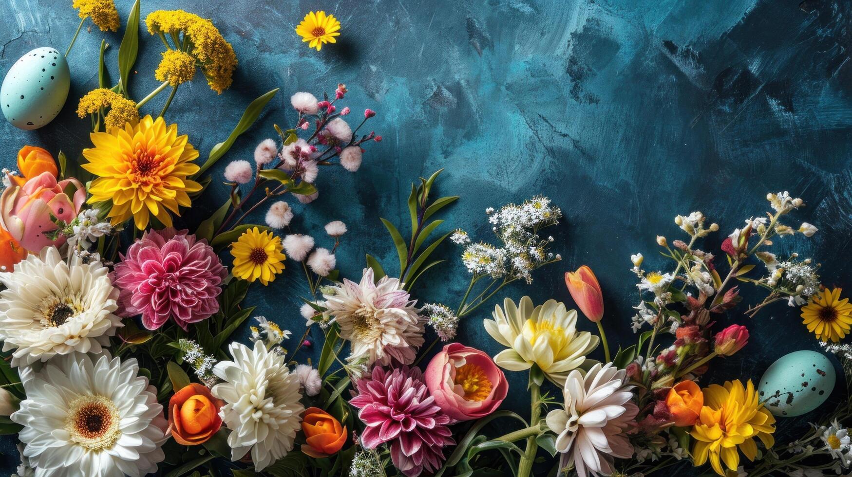 AI generated Easter with an explosion of blooming flowers complemented by Easter eggs photo