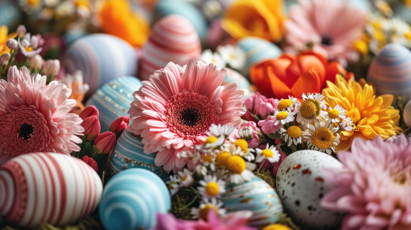 ai generado Pascua de Resurrección con un explosión de floreciente flores complementado por Pascua de Resurrección huevos foto