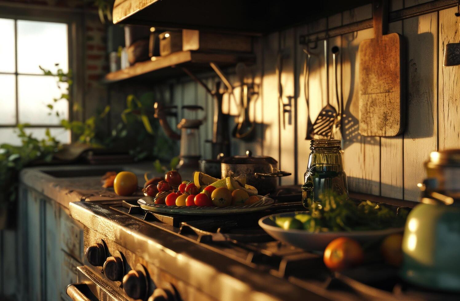 AI generated the stove with a plate of vegetables photo