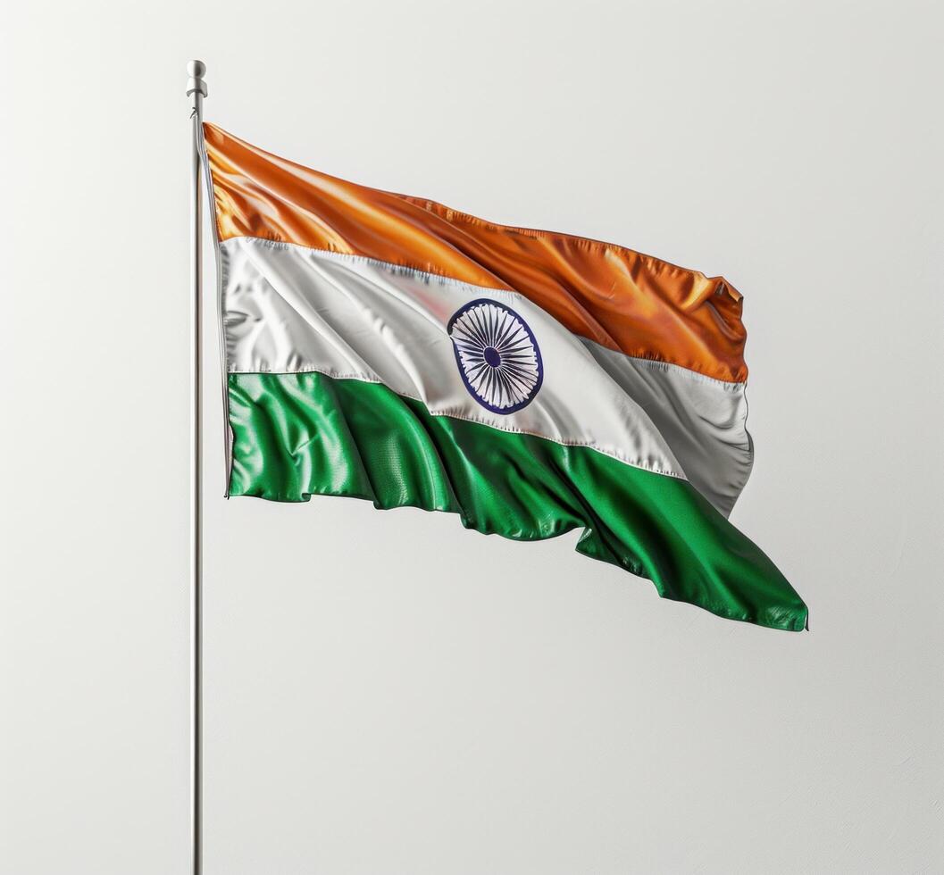 ai generado el viento revolotea un indio bandera en frente de un blanco antecedentes foto