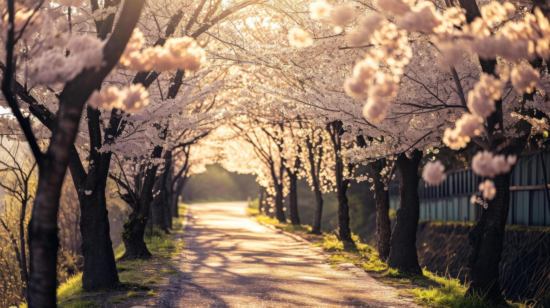 AI generated peaceful stroll beneath a canopy of blooming cherry blossoms photo