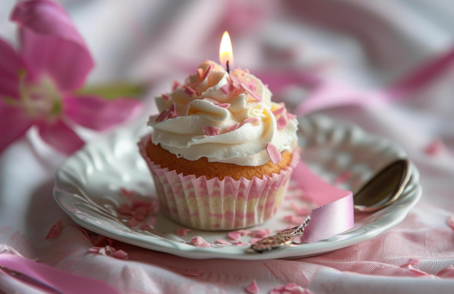 AI generated tiny cupcake with candle and pink ribbon photo