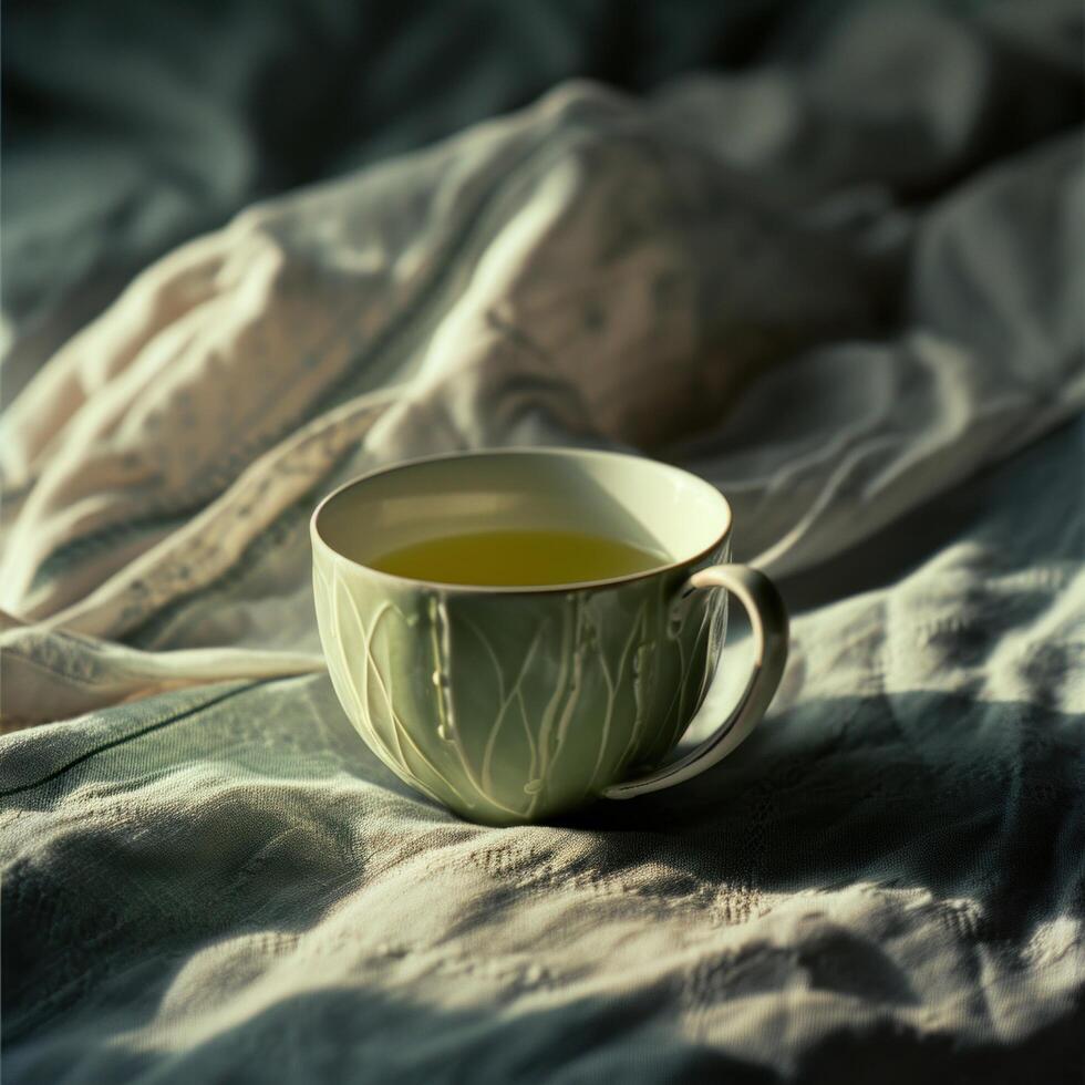 AI generated the cup of green tea is on a bed in portrait photo