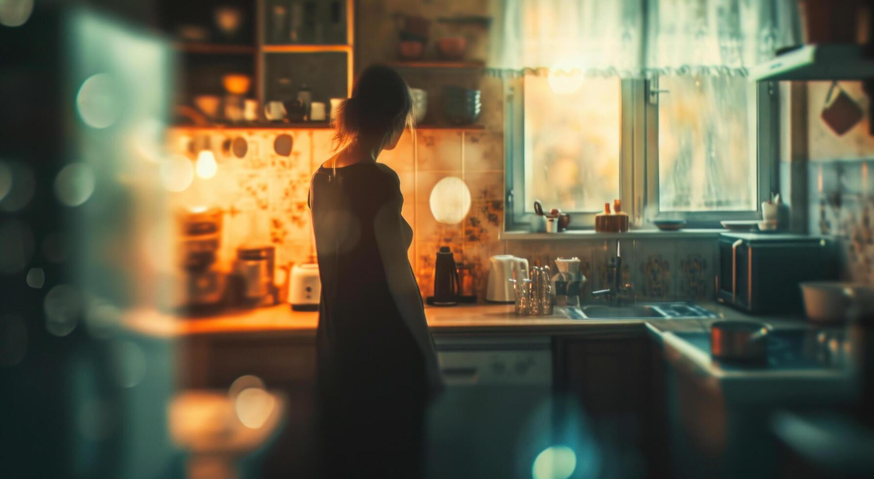AI generated a blurry image of a woman in the kitchen photo