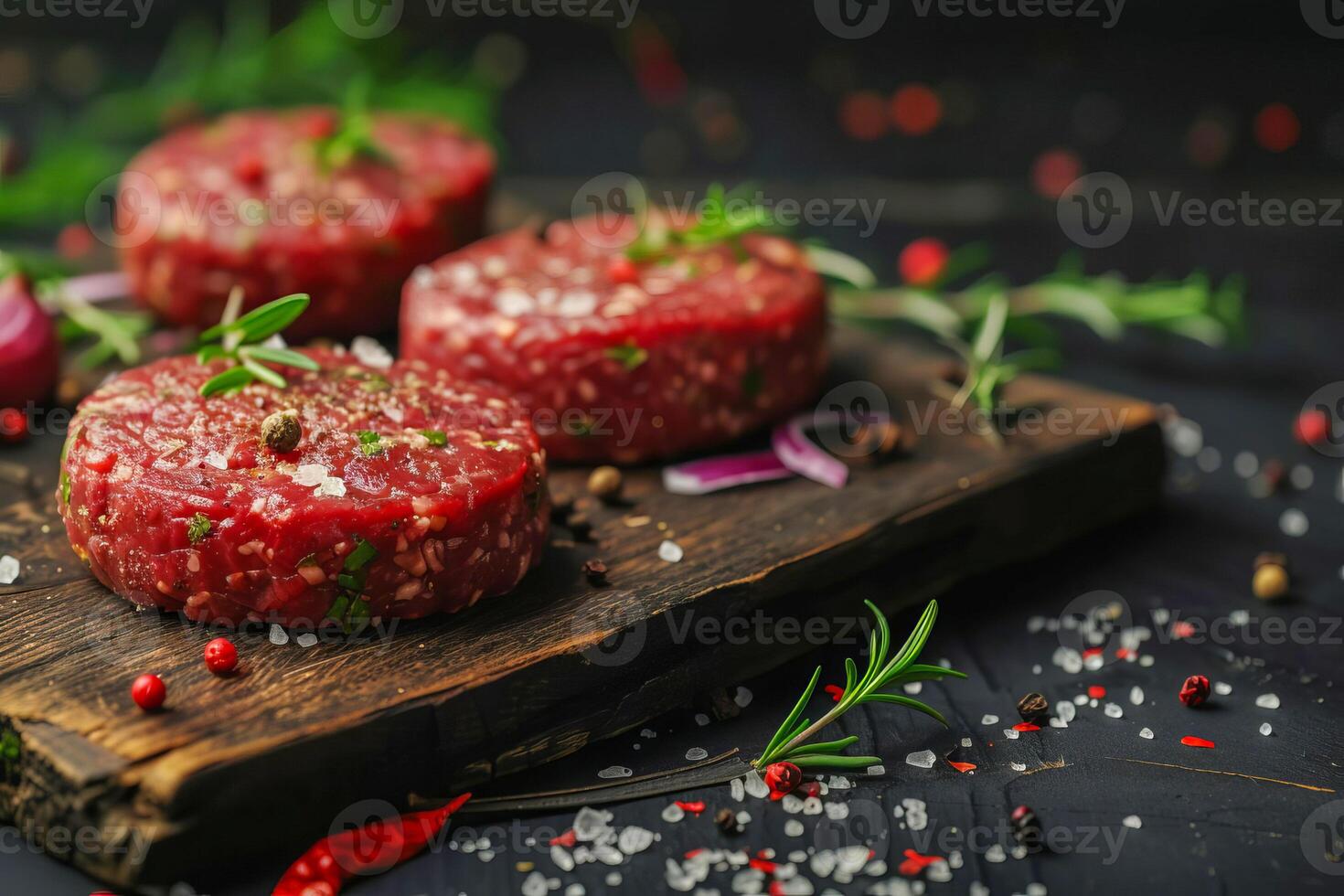 AI generated Burger patties made from raw ground beef on a black background. AI generated. photo