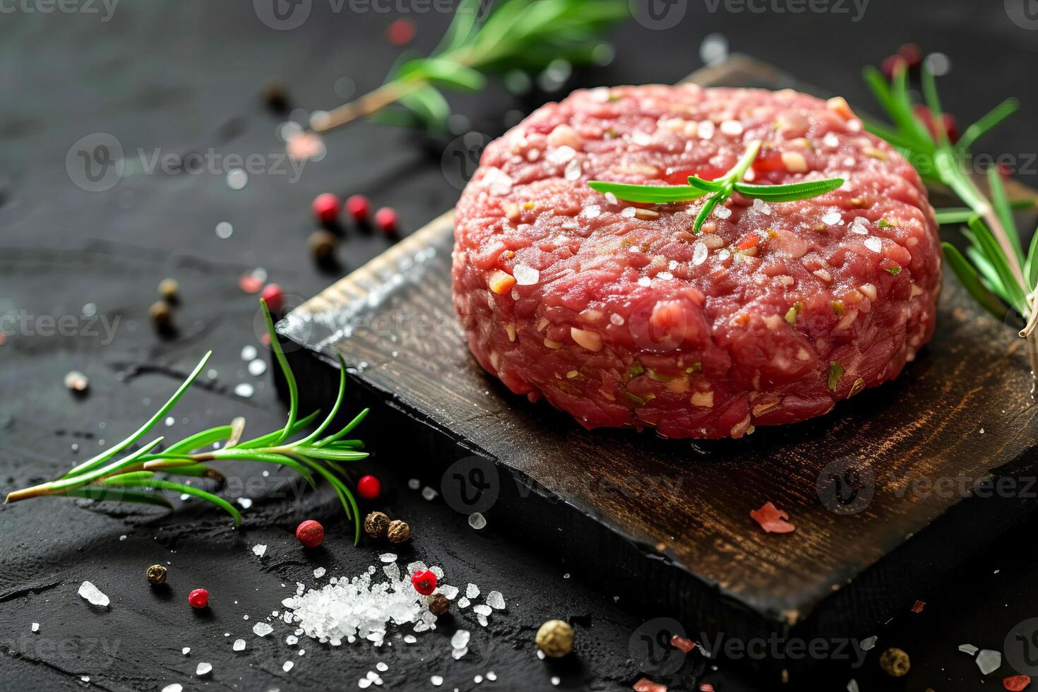 AI generated Burger patty made from raw ground beef on a black background. AI generated. photo